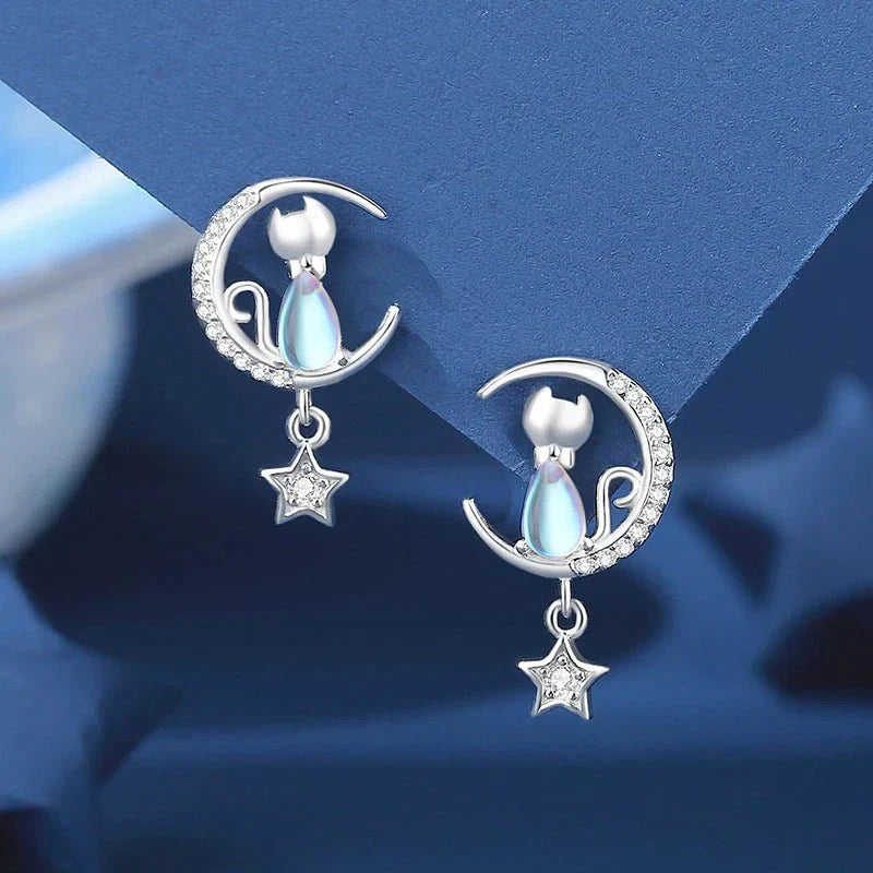 Astrid – Boucles d'Oreilles Chat et Lune Étoilée