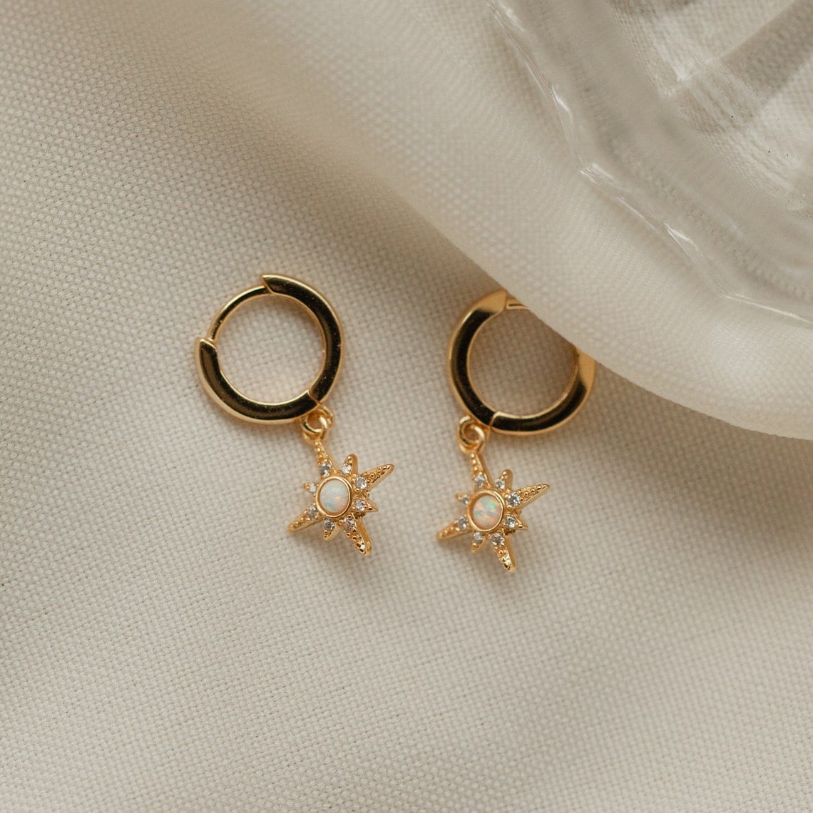 Starburst Opal Huggie Earrings - Zircon Star Earrings