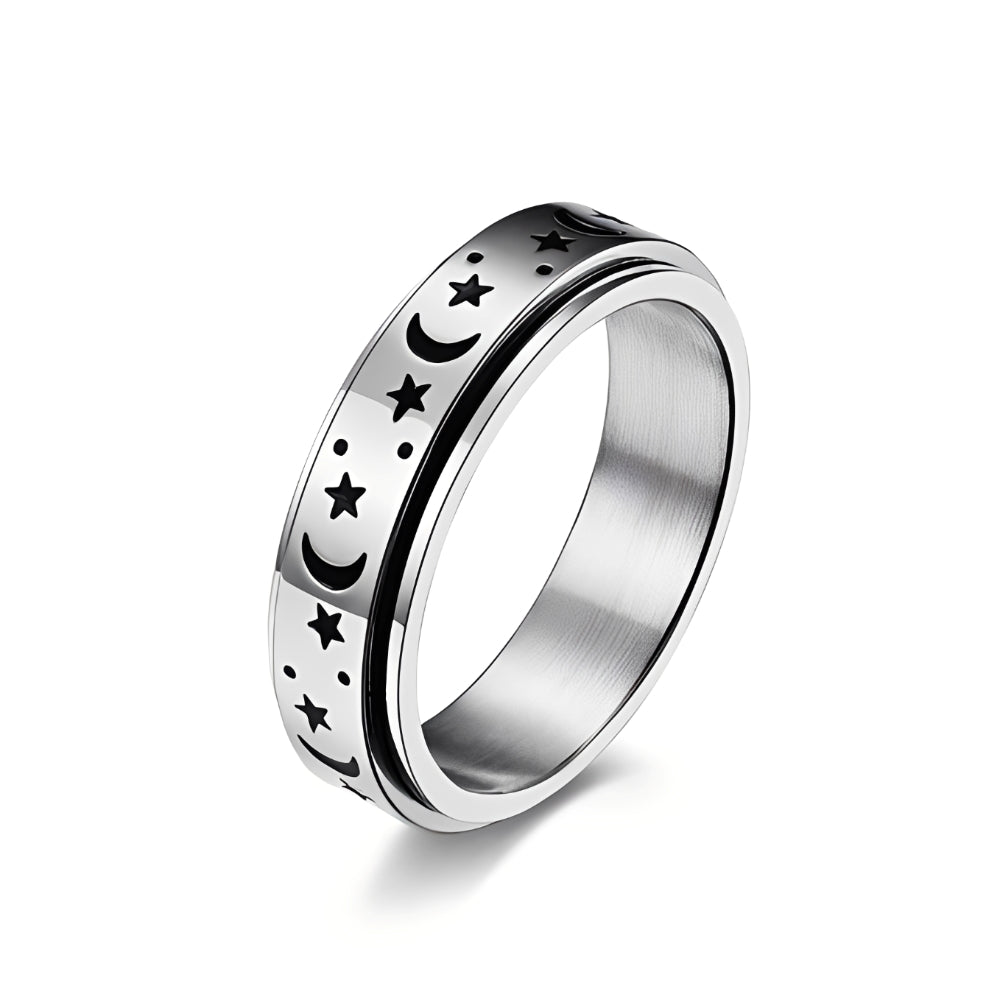 Bague rotative femme avec lune et étoile et design mobile
