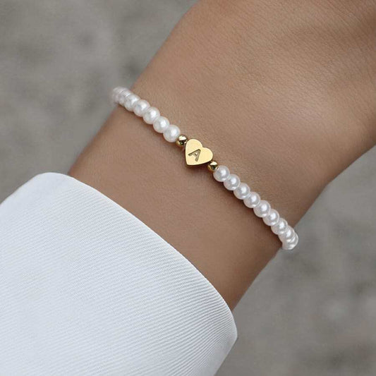Bracelet en perles avec initiales gravées - Bracelet en perles cœur personnalisé