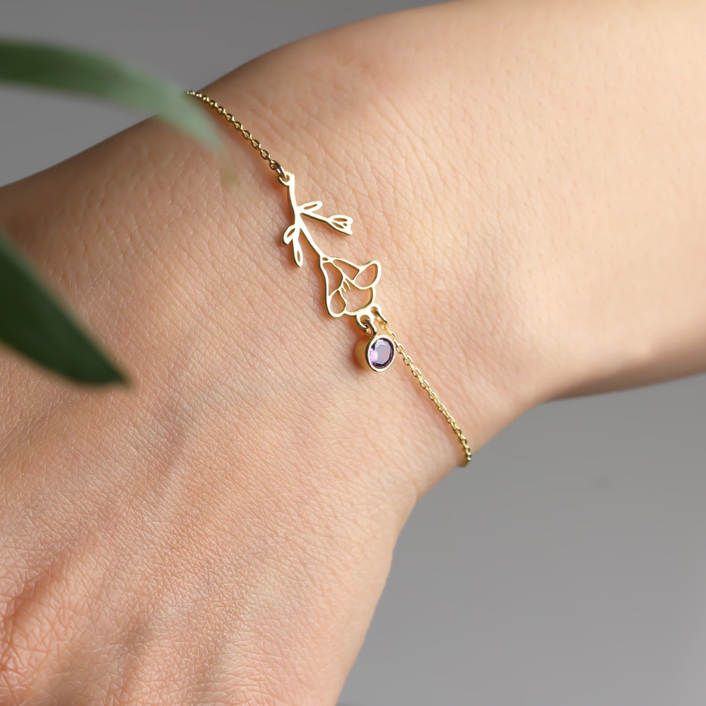 Bracelet de Fleurs d'Anniversaire - Bracelet avec Pierre de Naissance et Fleur