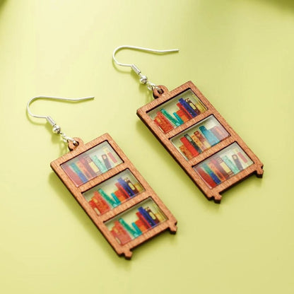 Boucles d'oreilles femmes avec motif de livre et de bibliothèque