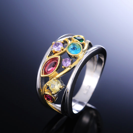 Zelina – Bague Vintage Bicolore avec Zirconias Multicolores Étincelants