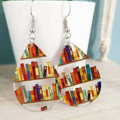 Boucles d'oreilles femmes avec motif de livre et de bibliothèque