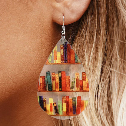 Boucles d'oreilles femmes avec motif de livre et de bibliothèque