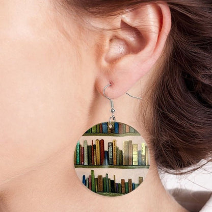 Boucles d'oreilles femmes avec motif de livre et de bibliothèque