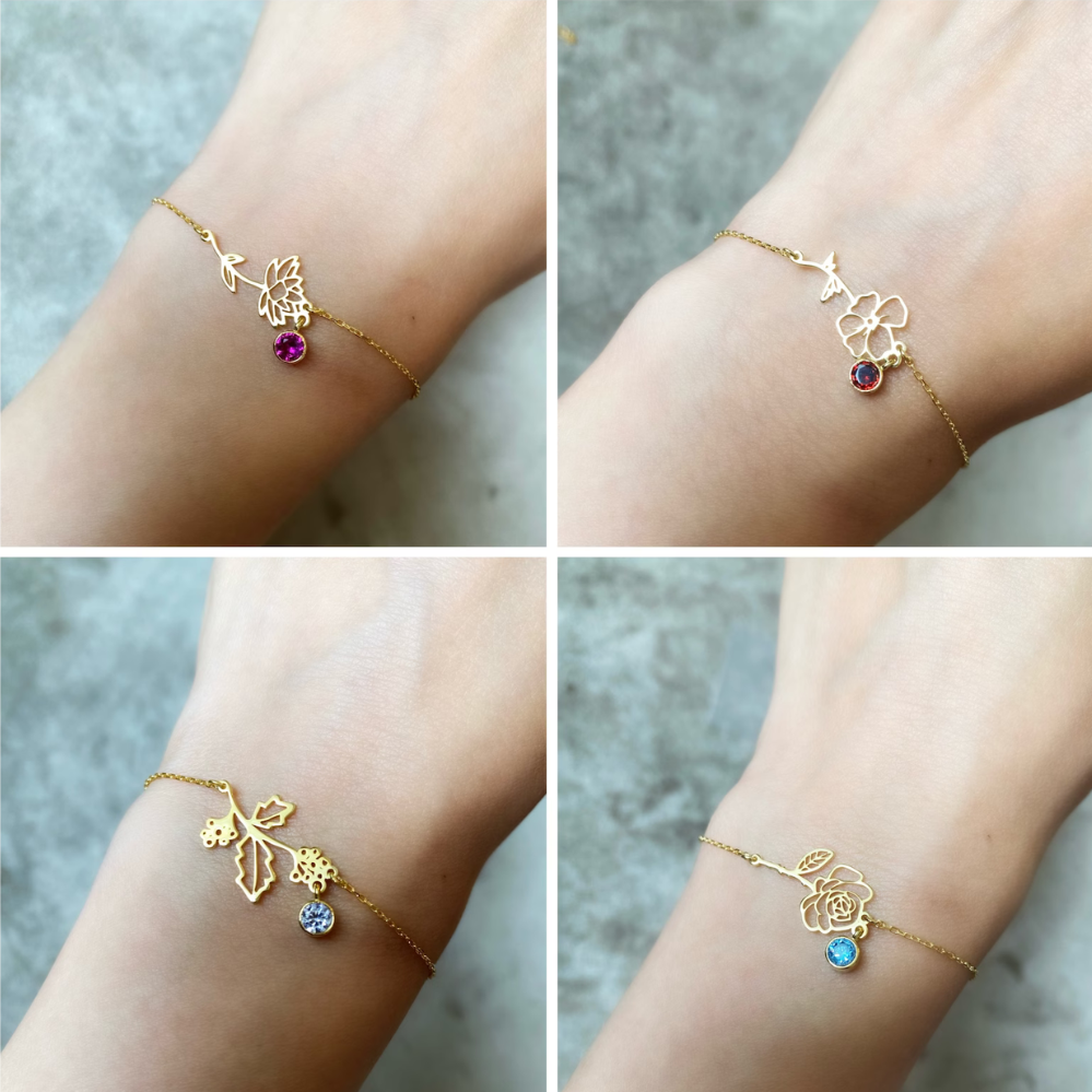 Bracelet de Fleurs d'Anniversaire - Bracelet avec Pierre de Naissance et Fleur