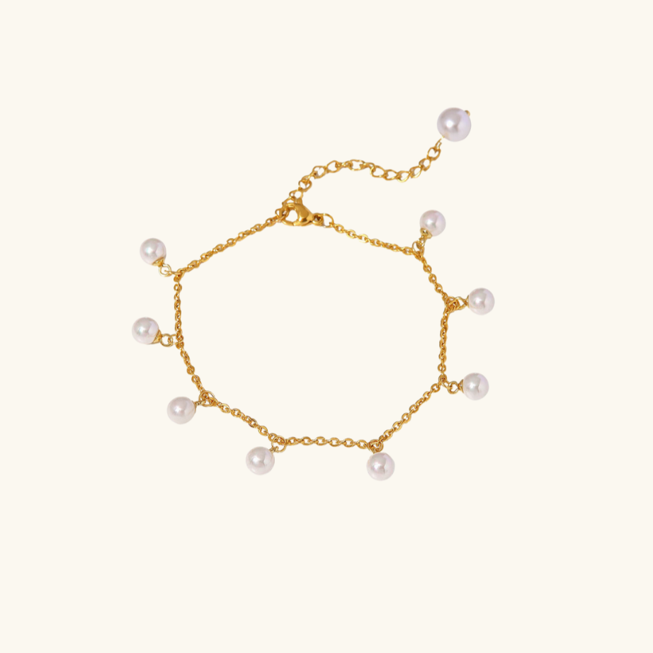 Léna – Bracelet de Cheville Perles et Gouttes Dorées