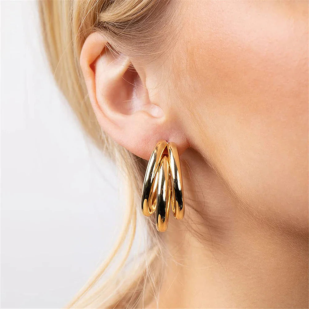 Boucles d'oreilles Triple Anneaux - 3 Boucles d'oreilles en Anneaux dorés