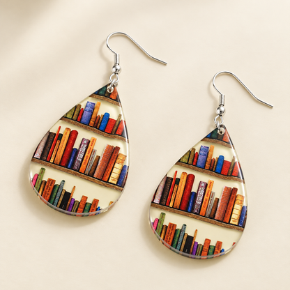 Boucles d'oreilles femmes avec motif de livre et de bibliothèque