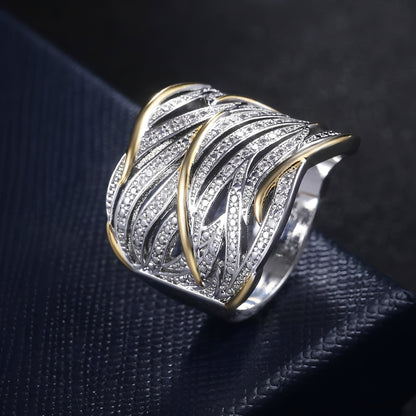 Lena – Bague Dorée Bicolore Multicouche en Zircon & Strass