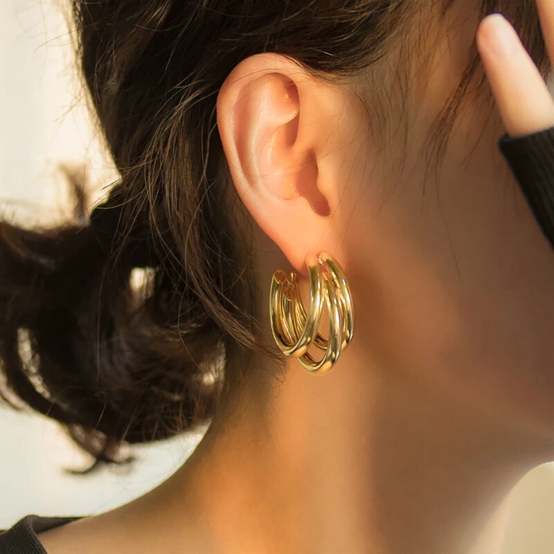 Boucles d'oreilles Triple Anneaux - 3 Boucles d'oreilles en Anneaux dorés