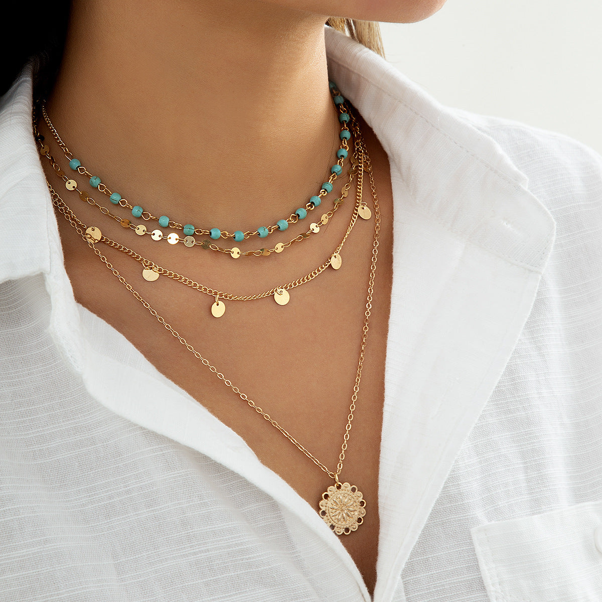 Isadora – Collier Vintage Pendentif Fleur & Perles Turquoise