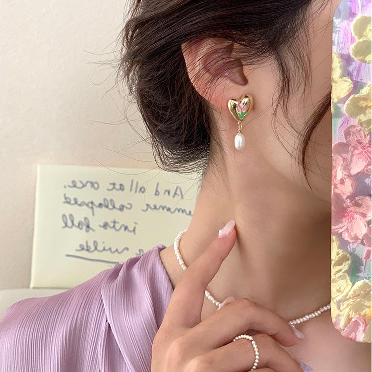 Tulisa – Bague Cœur Tulipe Émaillée avec Perle