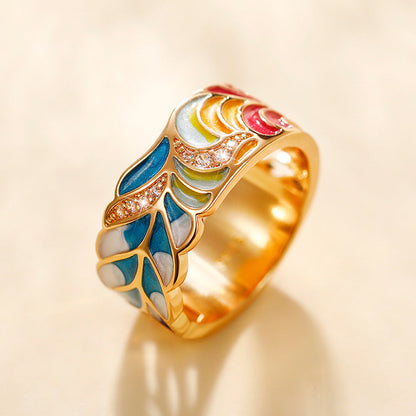 Margaux – Bague Dorée Motif Céramique Bleu et Blanc
