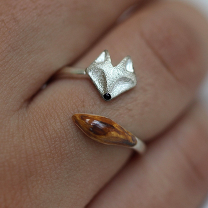 Bague ajustable en bois avec tête de renard - Bague en argent avec tête de renard