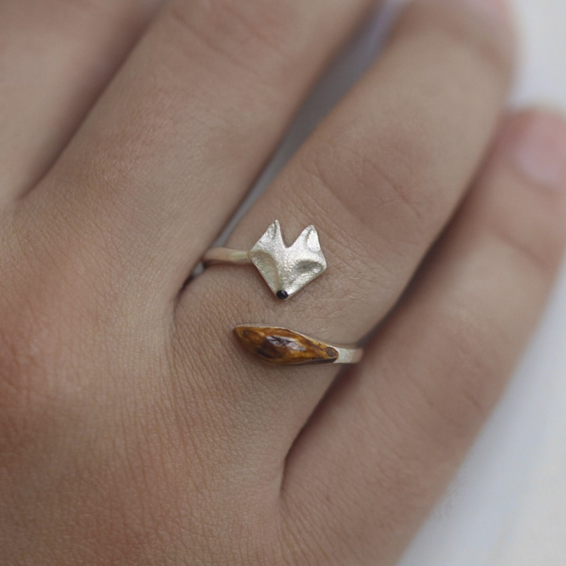 Bague ajustable en bois avec tête de renard - Bague en argent avec tête de renard