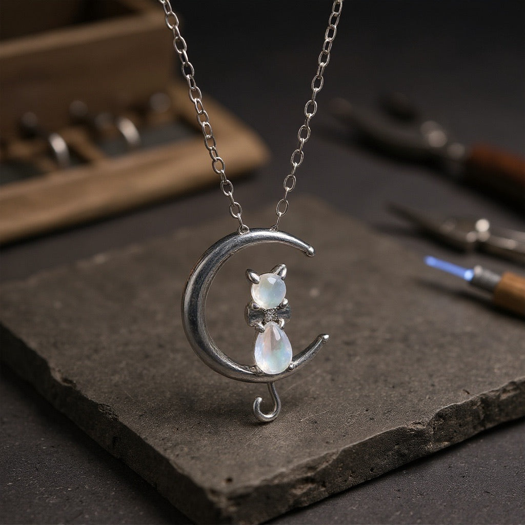 Luna – Collier Pierre de Lune Demi‑Lune & Chat