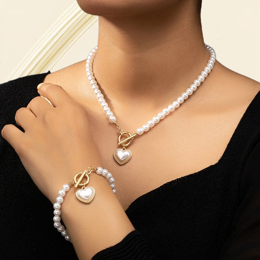Lara – Ensemble Collier & Bracelet Cœur Perlé