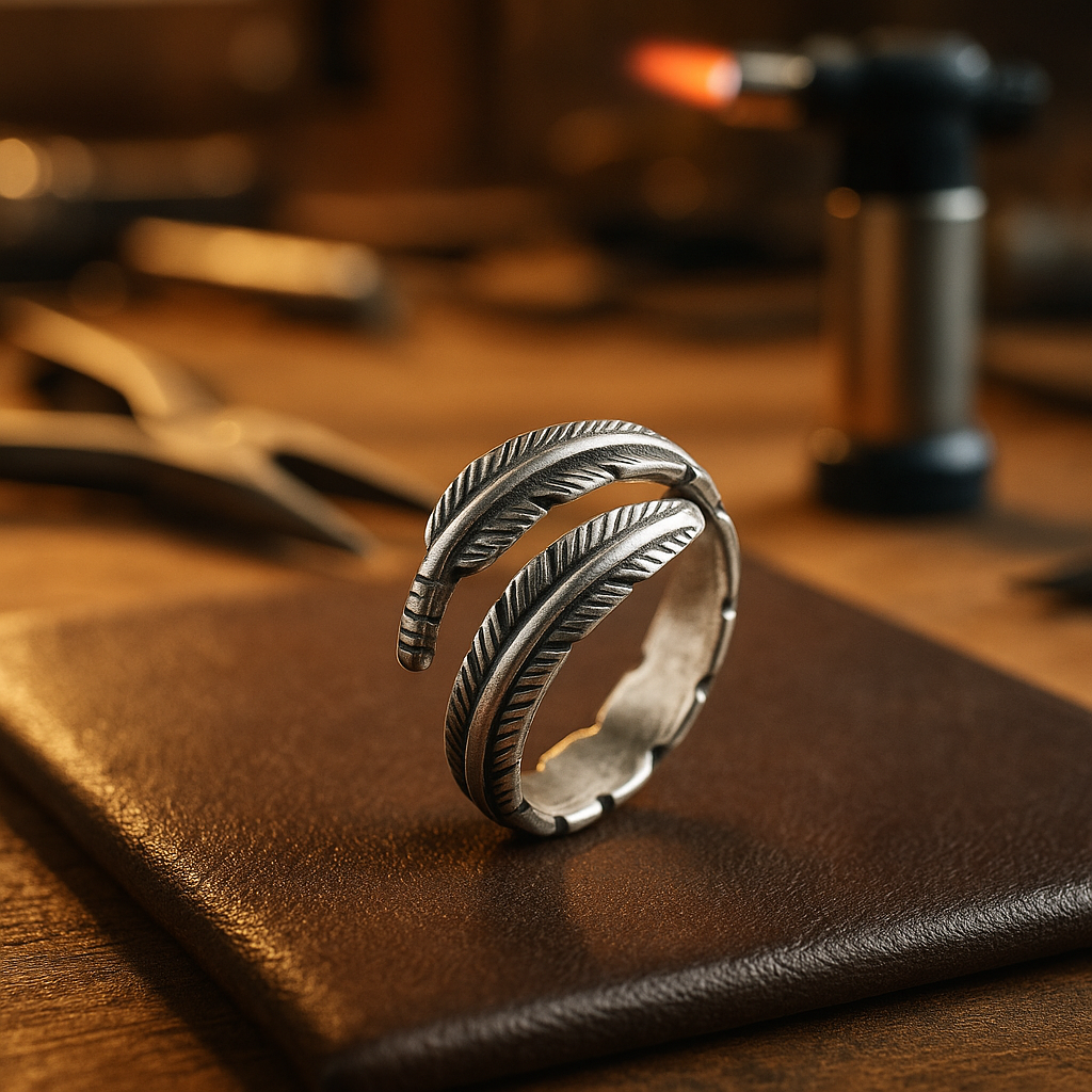 Reika – Bague Rétro Noire à Plume Ouverte