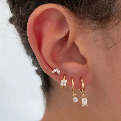 Set de boucles d'oreilles 4 pièces - Géométrique Marquise-Fleur Zirconia