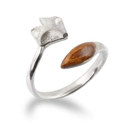Bague ajustable en bois avec tête de renard - Bague en argent avec tête de renard