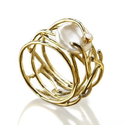 Elvyna – Bague Fine Vintage Dorée et Perle