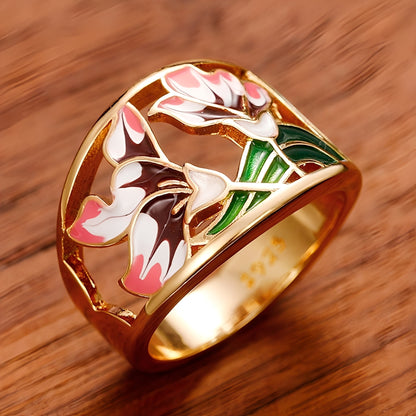 Cess – Bague Émaillée Dorée Fleurie Vintage