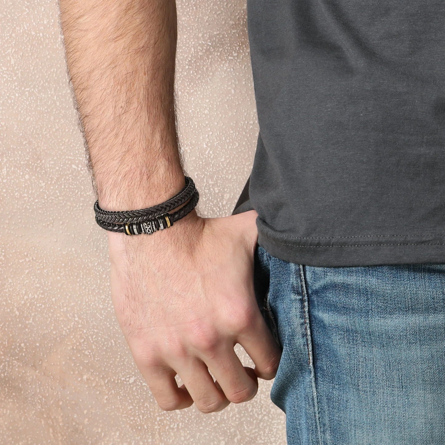 Renji – Bracelet Tressé Acier & Cuir Multi-Rangs