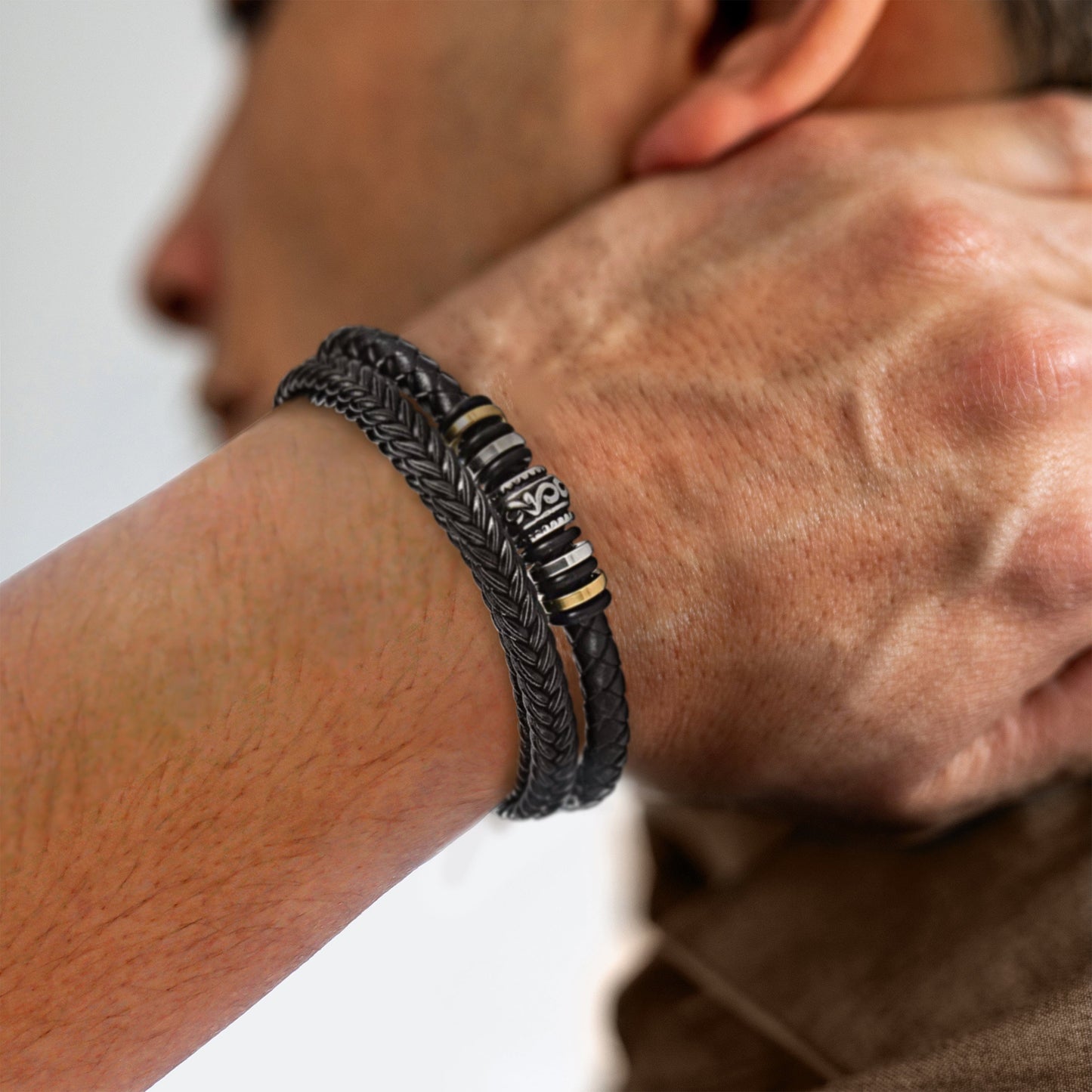 Renji – Bracelet Tressé Acier & Cuir Multi-Rangs
