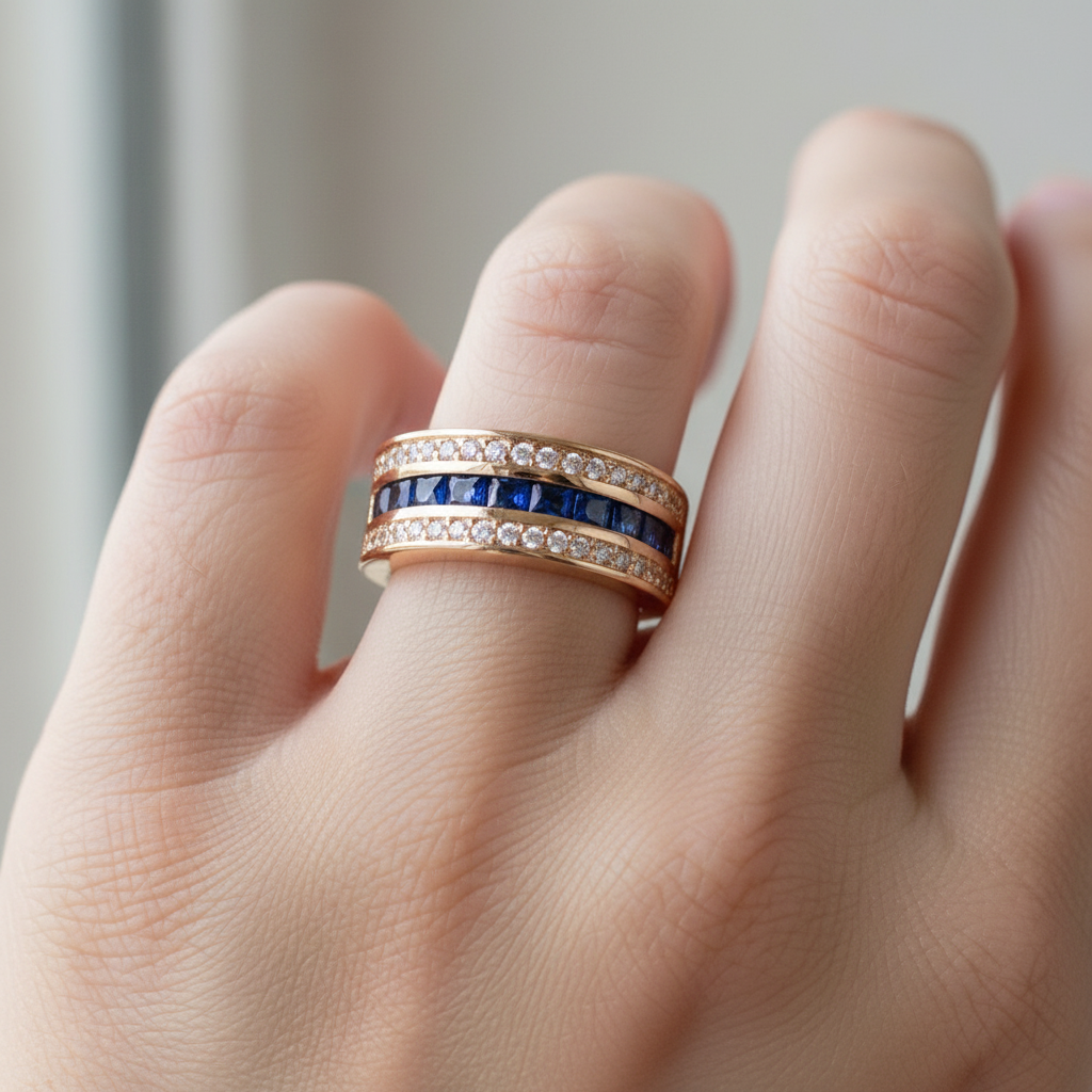 Ronan – Bague Homme Carrée Cristaux & Saphir Doré