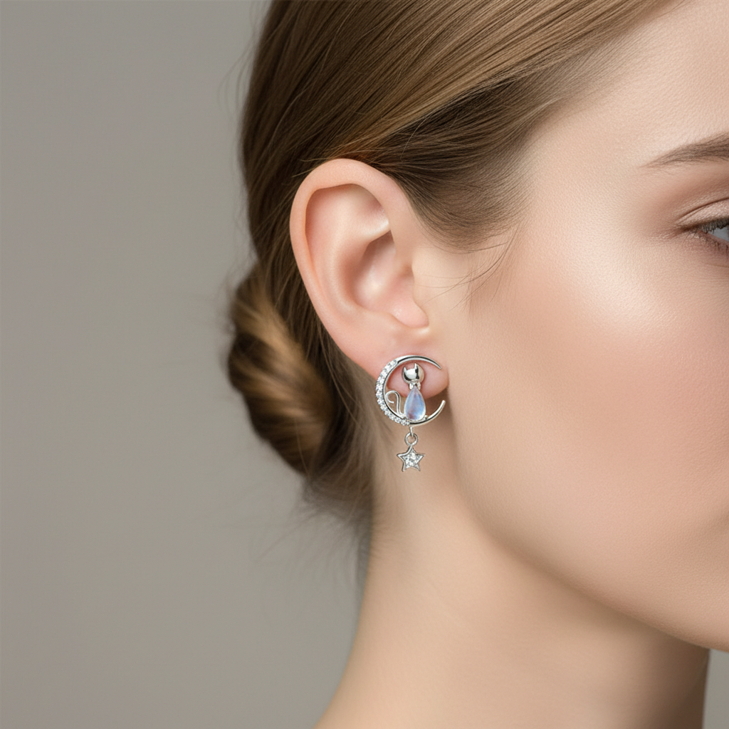 Astrid – Boucles d'Oreilles Chat et Lune Étoilée